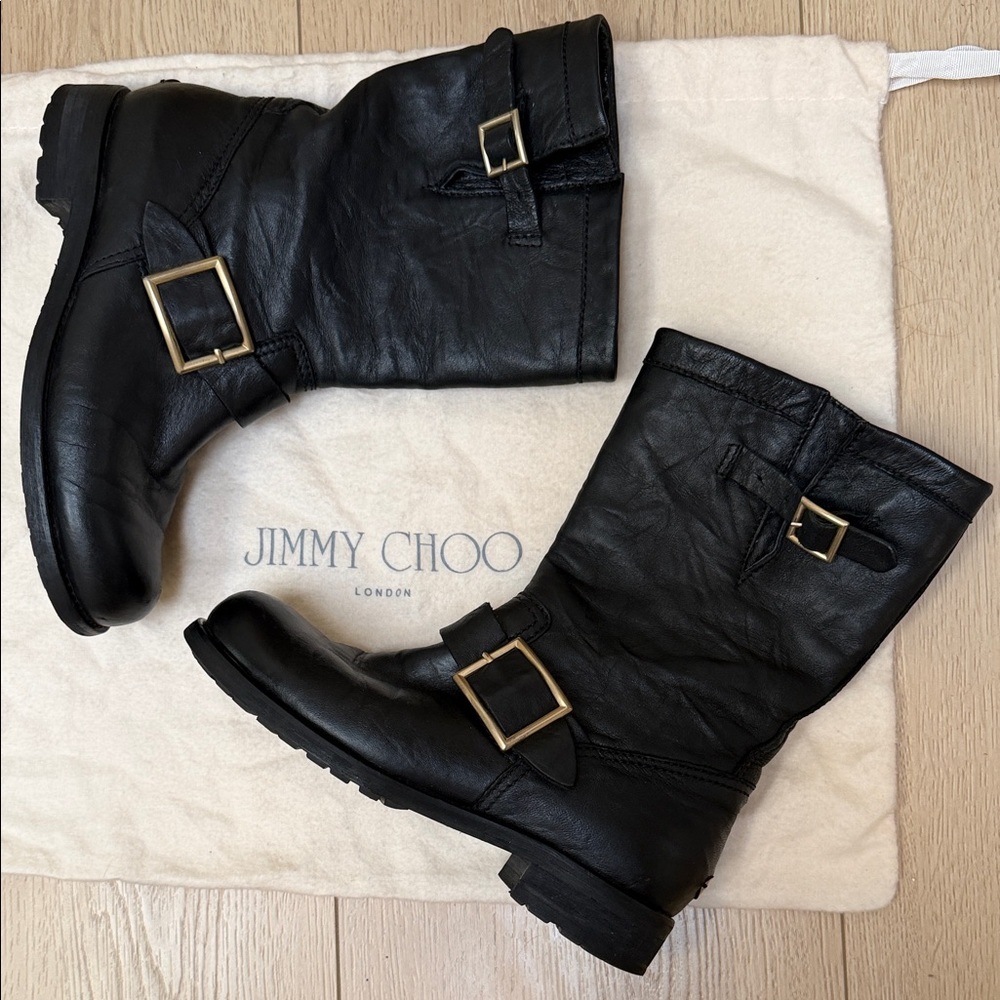Jimmy Choo moto Biker Boots in Black Leather w/ gold buckles & Brand plate 36.5